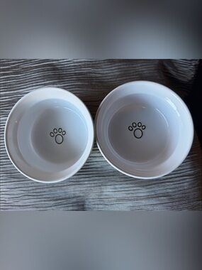 White Ceramic Pet Bowls with Paw Print - Set of 2